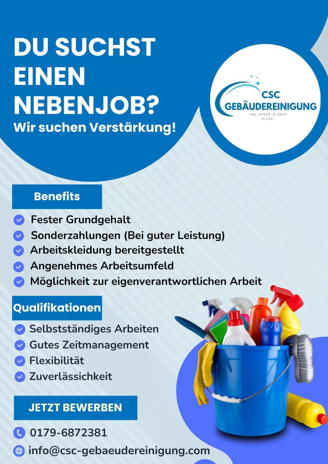 Ludwigshafende Temizlik iscisi araniyor, hafta ici saat 08:30-17:30 kadar.